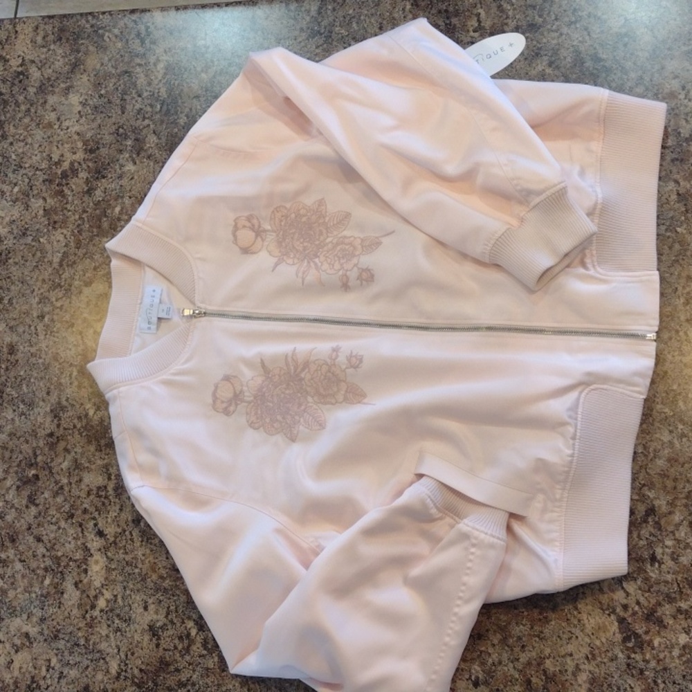 Women’s Light Pink Bomber Jacket with Floral Embroidery